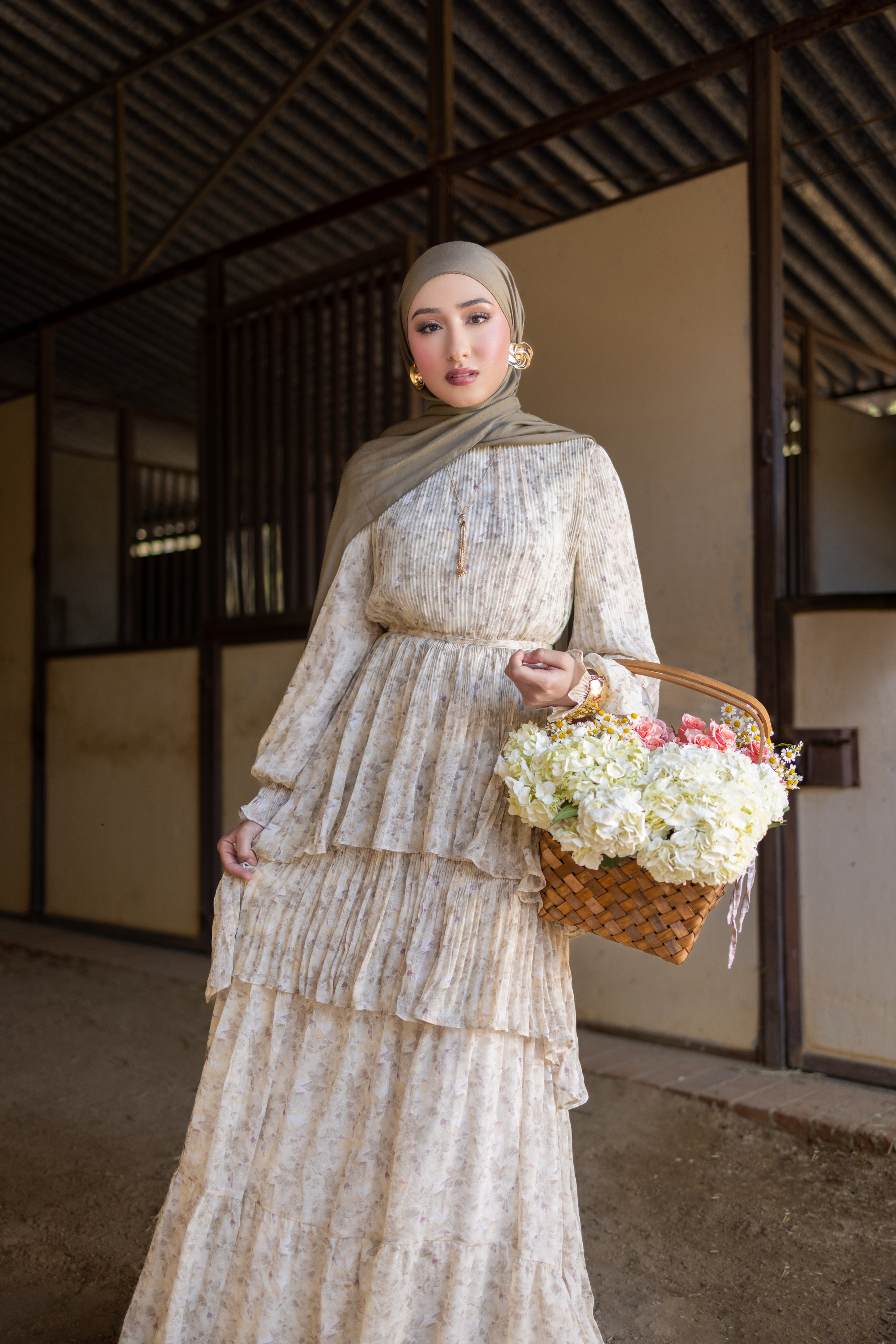 Dalia Pleated Ruffle Maxi Dress- Rosemary