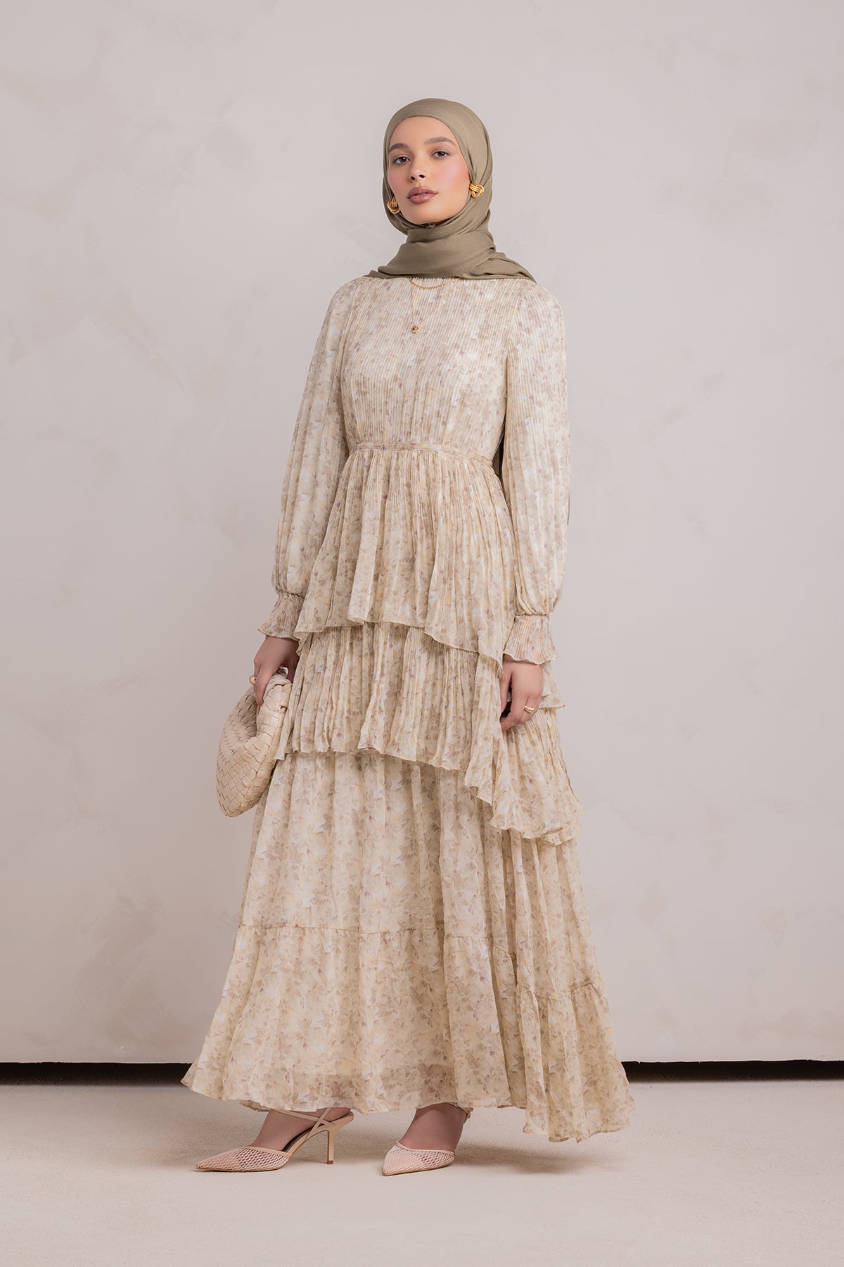 Dalia Pleated Ruffle Maxi Dress- Rosemary