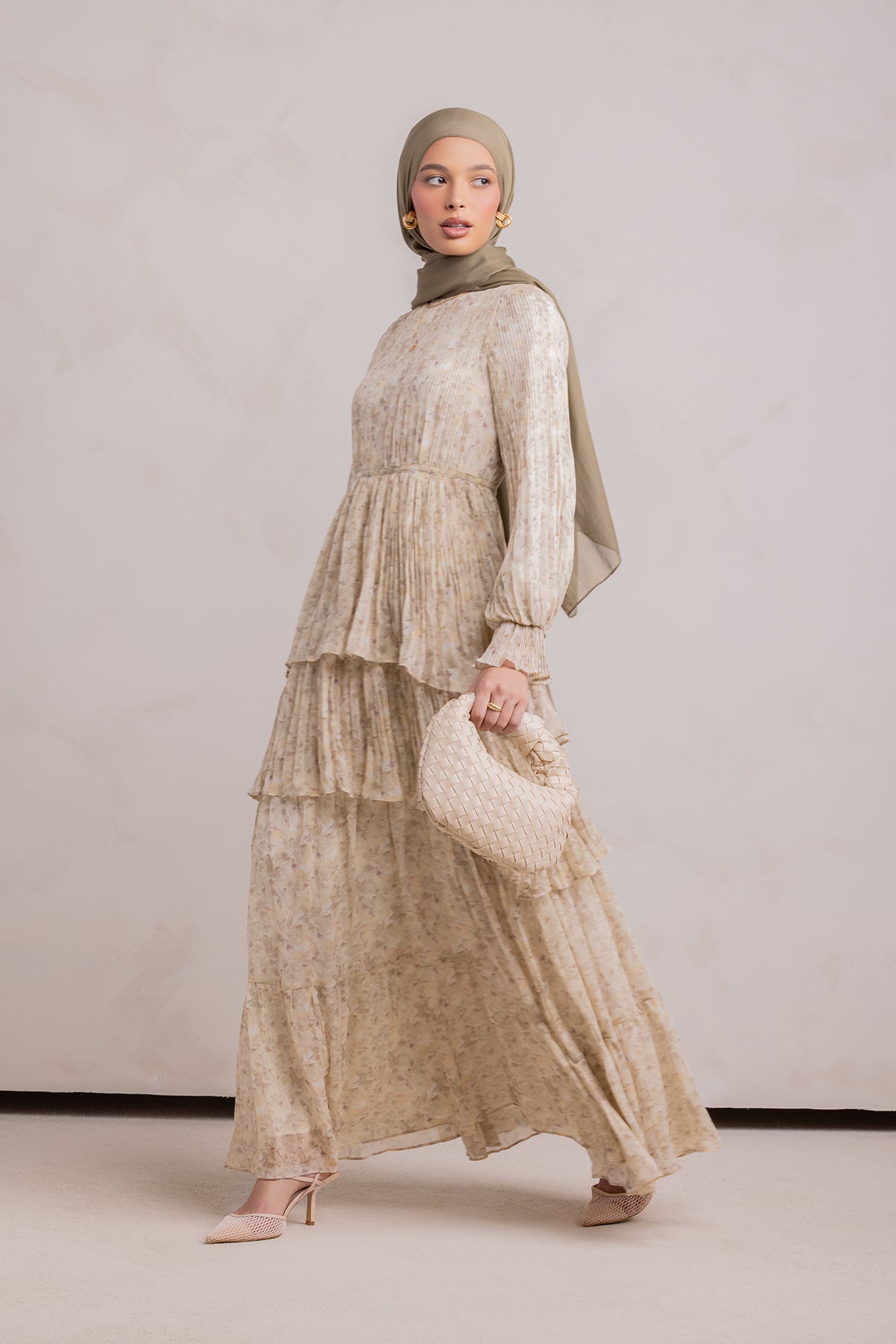 Dalia Pleated Ruffle Maxi Dress- Rosemary