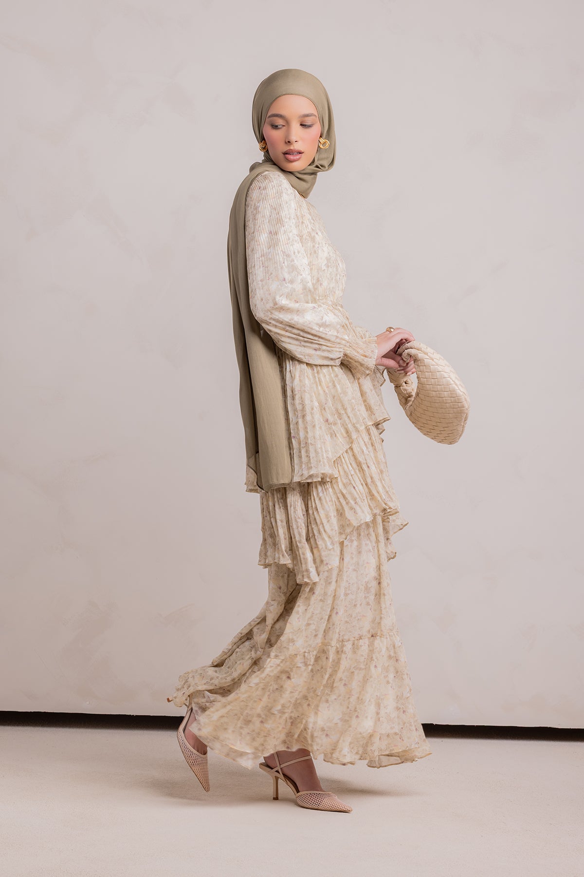 Dalia Pleated Ruffle Maxi Dress- Rosemary