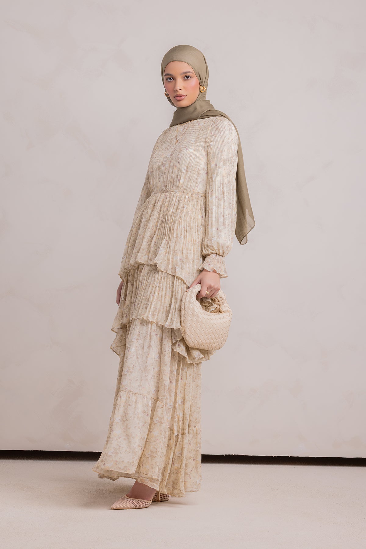 Dalia Pleated Ruffle Maxi Dress- Rosemary