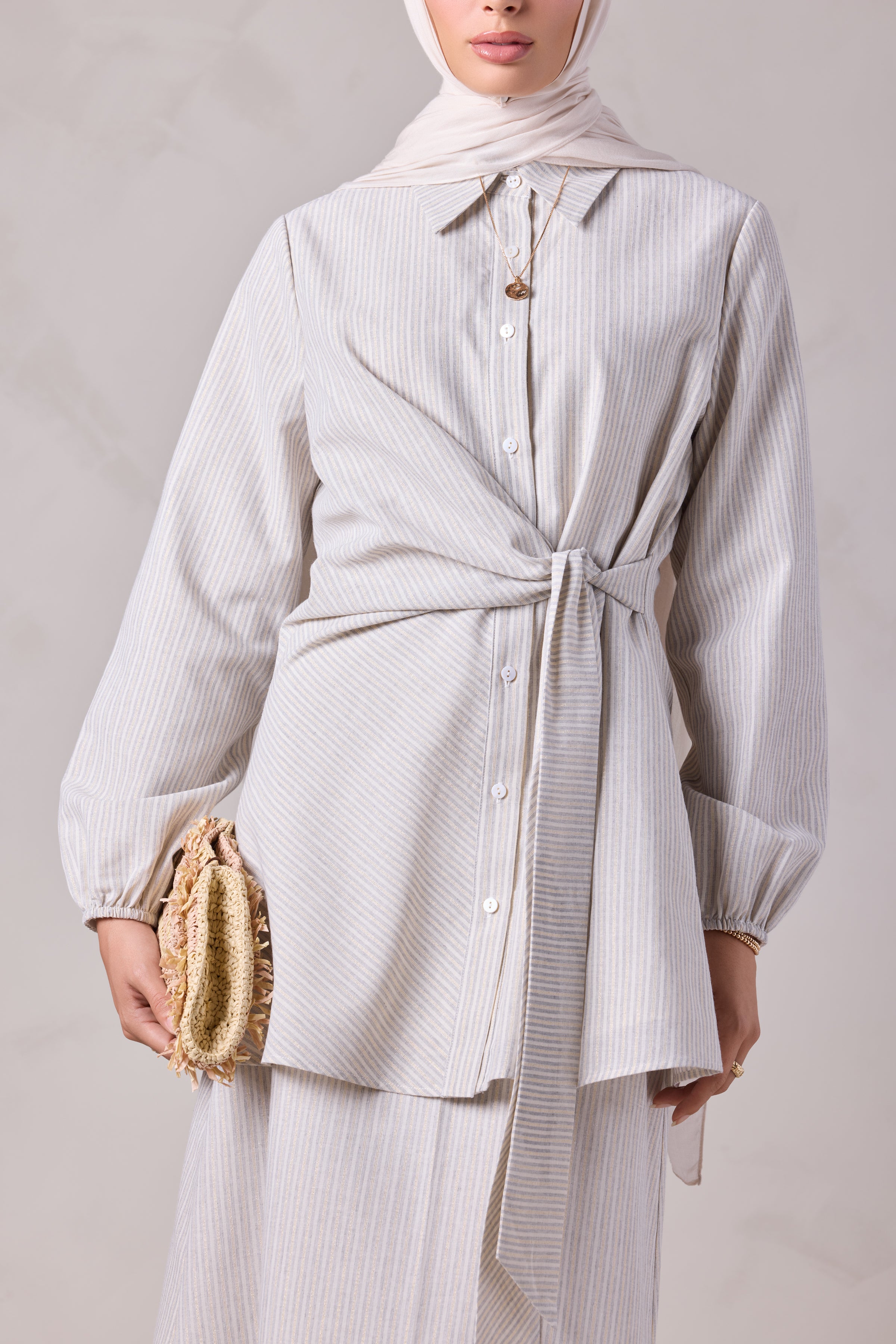 Angelina Linen Gold Striped Skirt & Tunic Set - Levant Line