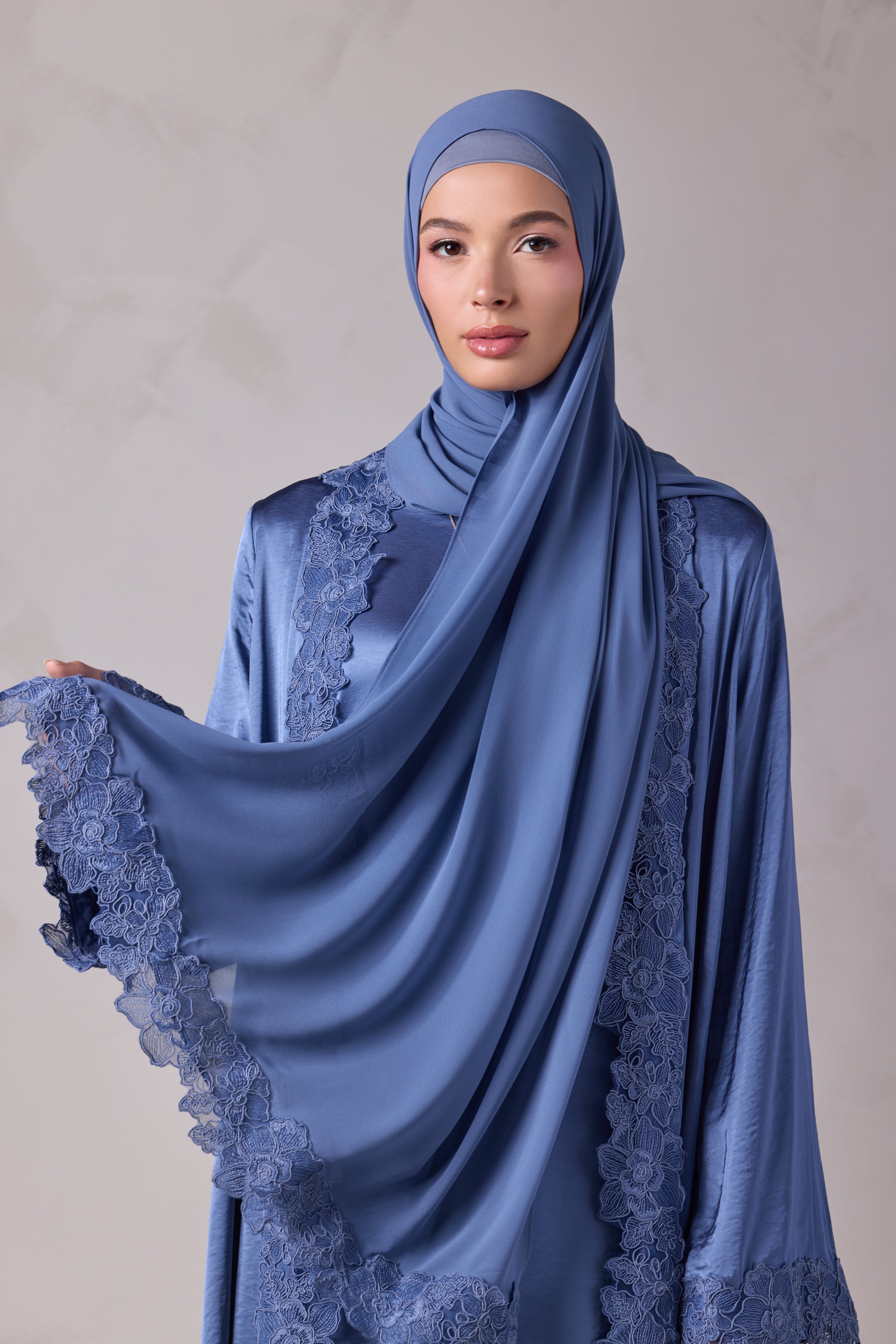 Amani Lace Trim Abaya & Hijab Set - Caspian