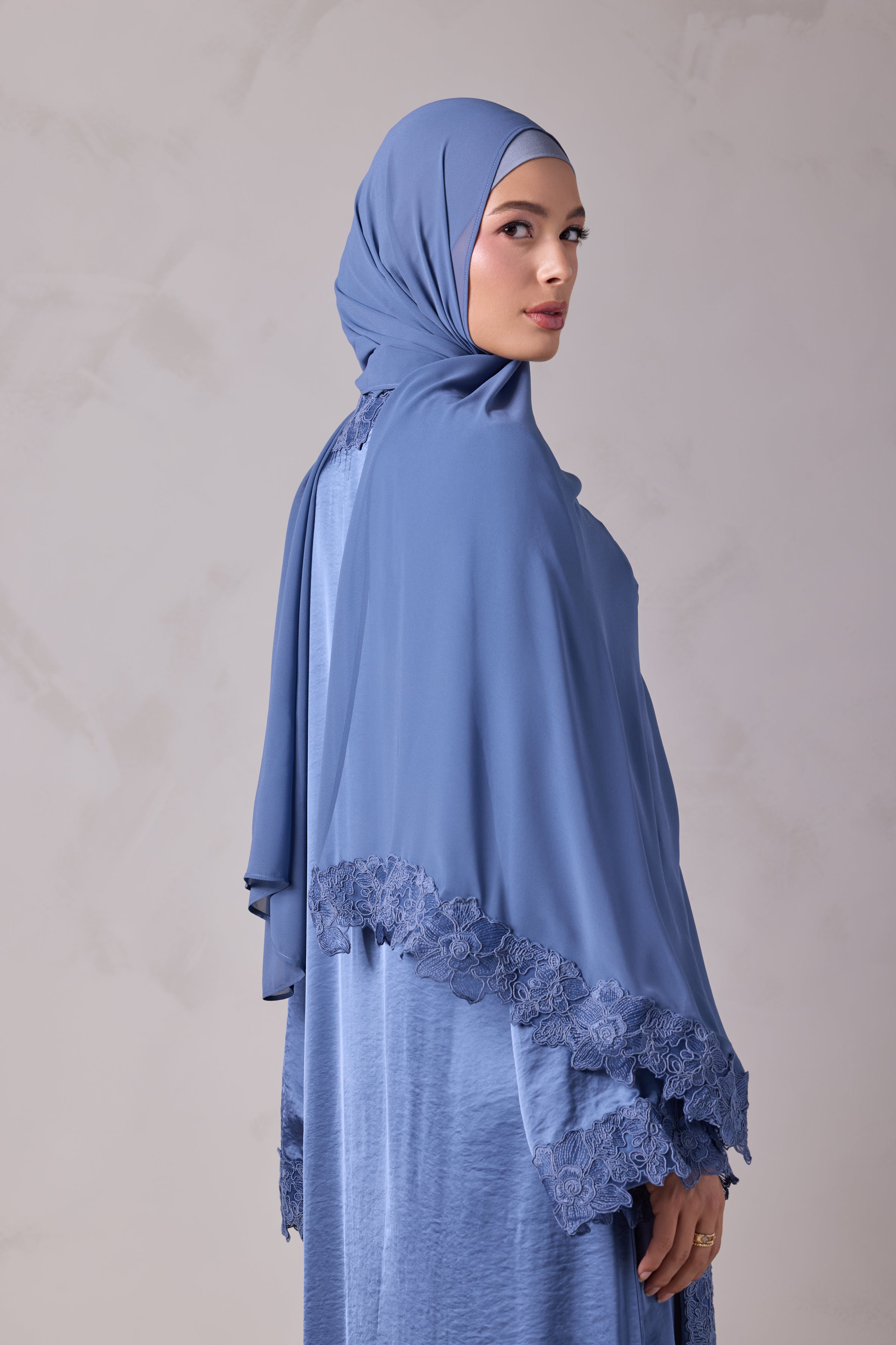 Amani Lace Trim Abaya & Hijab Set - Caspian