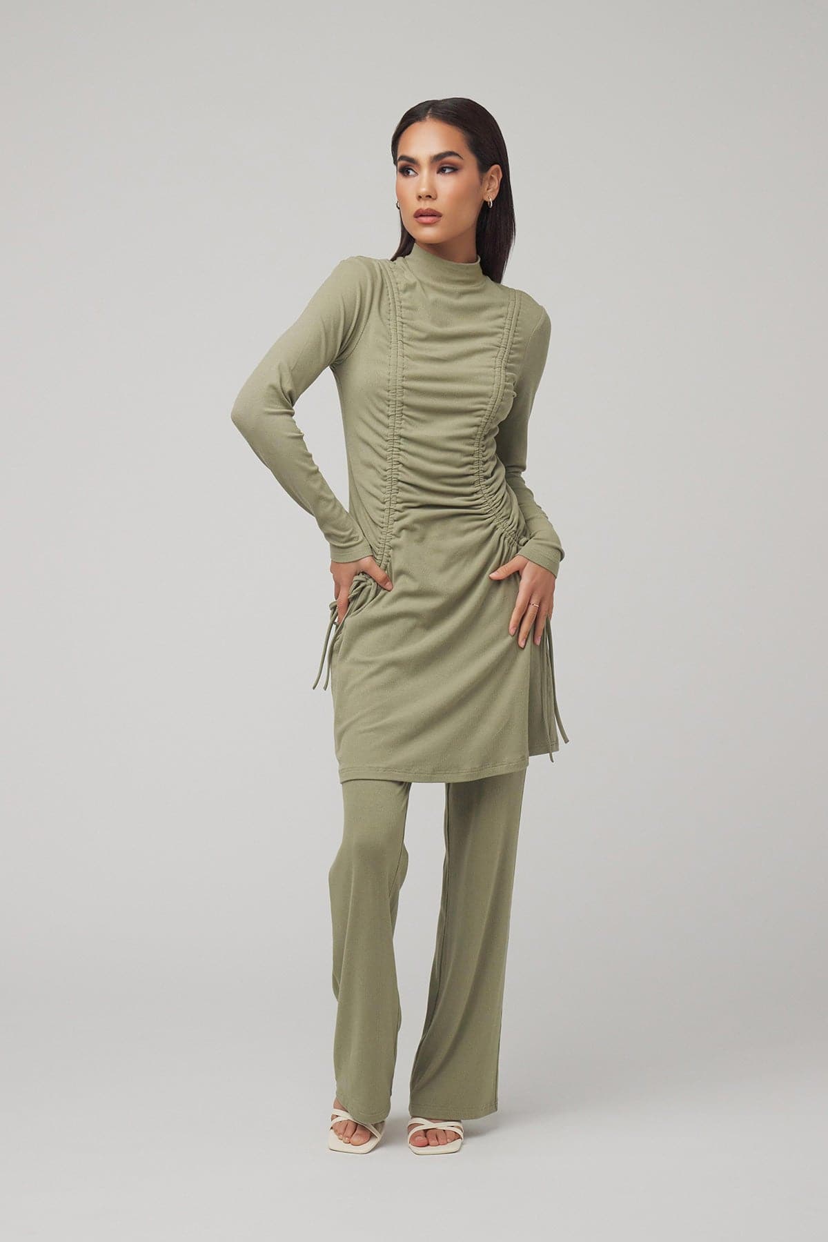 Israa Ribbed Ruched Matching Set - Sage Green - Zahraa The Label