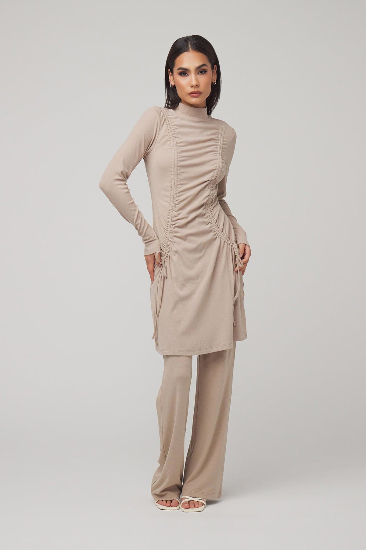 Israa Ribbed Ruched Matching Set - Sand - Zahraa The Label