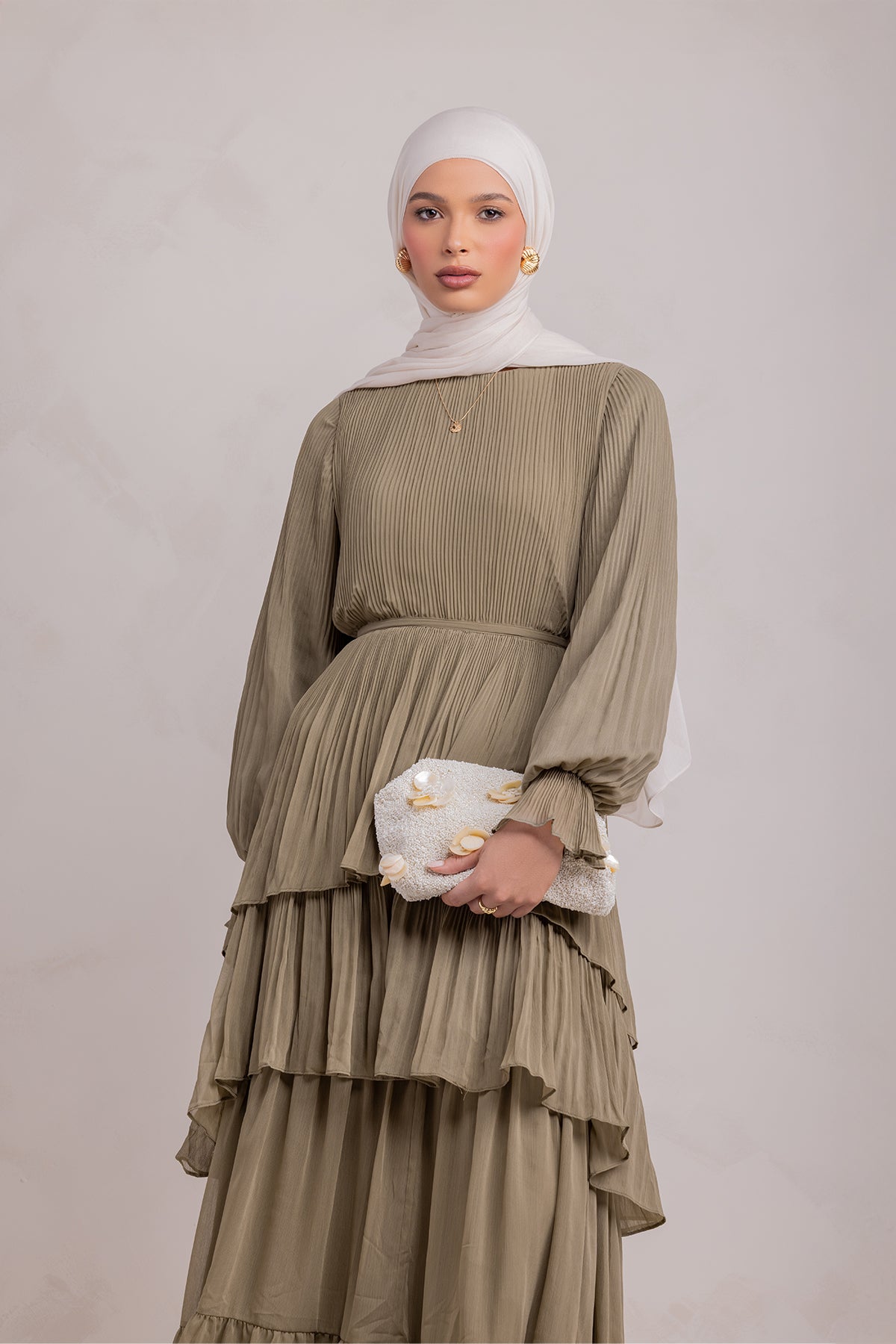 Dalia Pleated Ruffle Maxi Dress- Evergreen