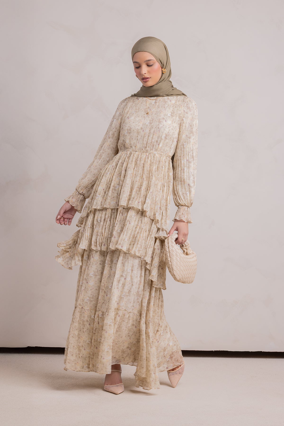 Dalia Pleated Ruffle Maxi Dress- Rosemary