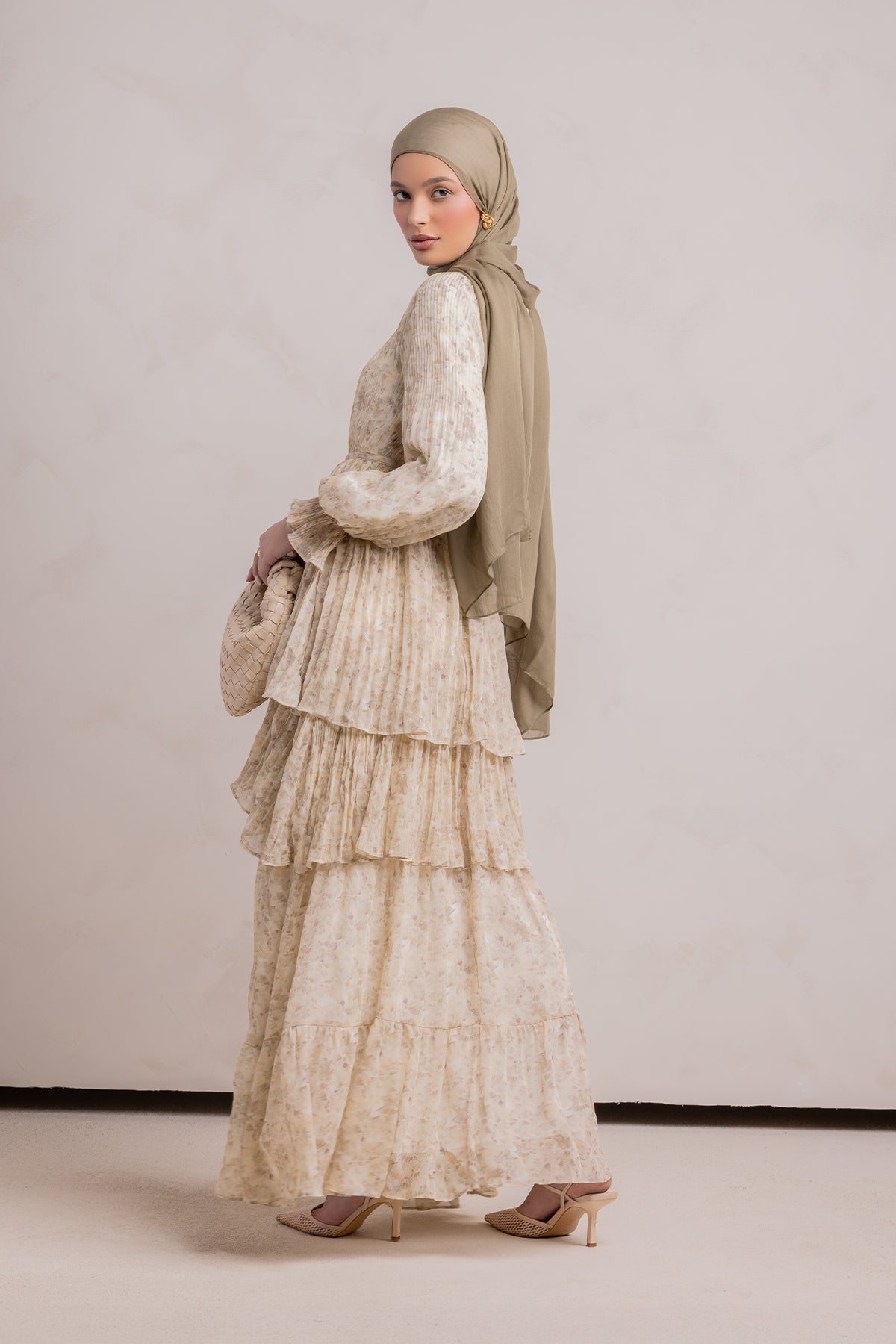 Dalia Pleated Ruffle Maxi Dress- Rosemary