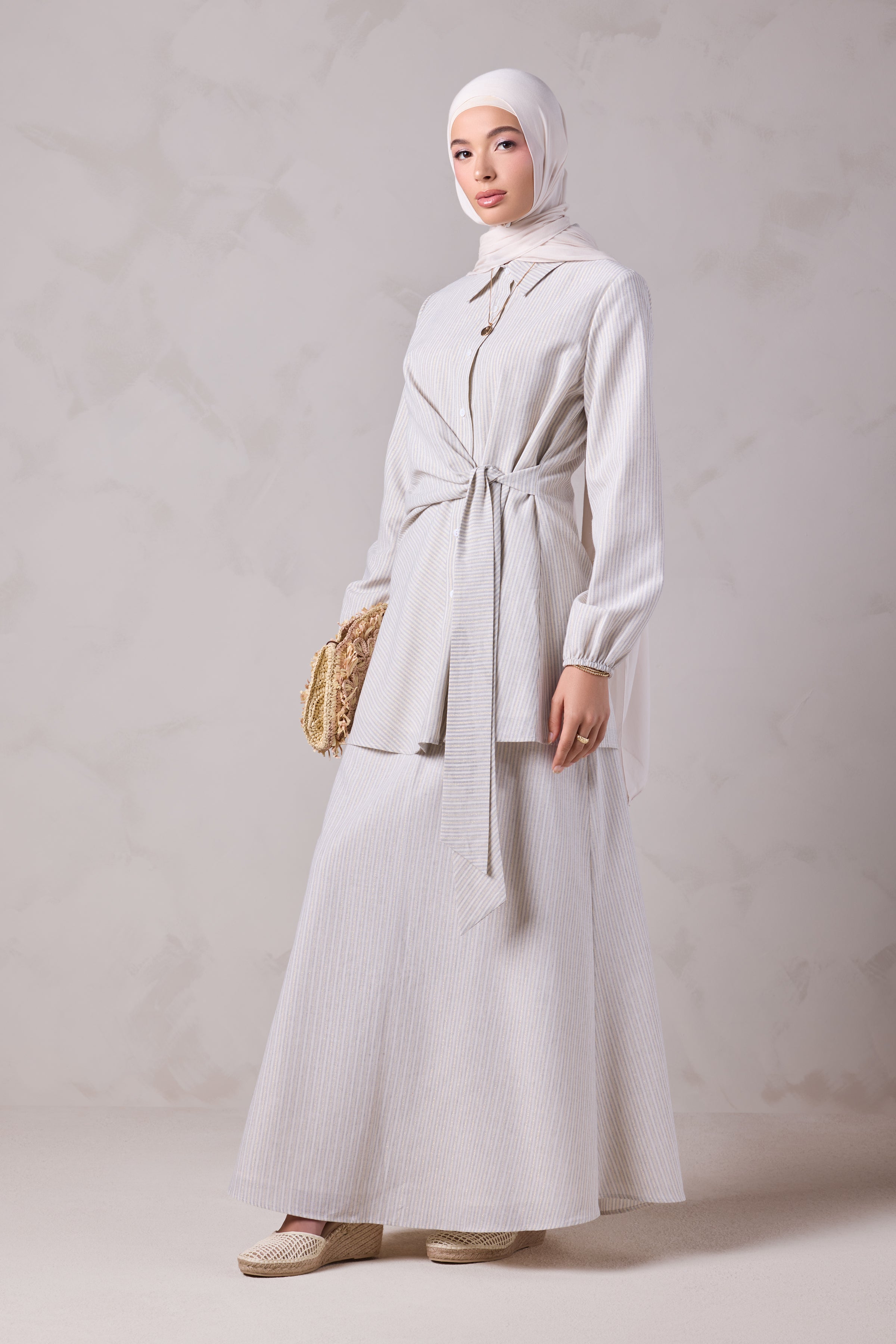 Angelina Linen Gold Striped Skirt & Tunic Set - Levant Line