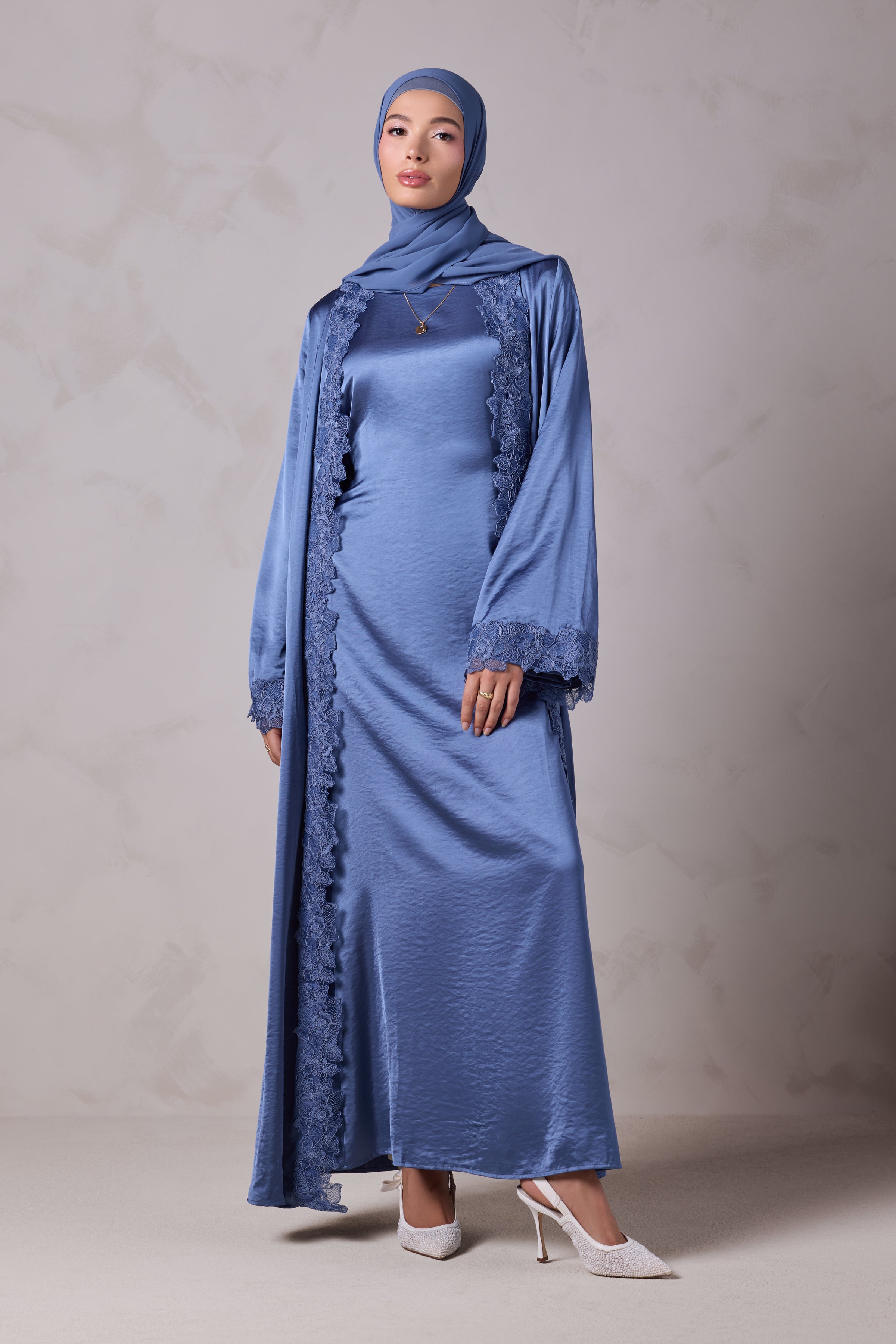 Amani Lace Trim Abaya & Hijab Set - Caspian