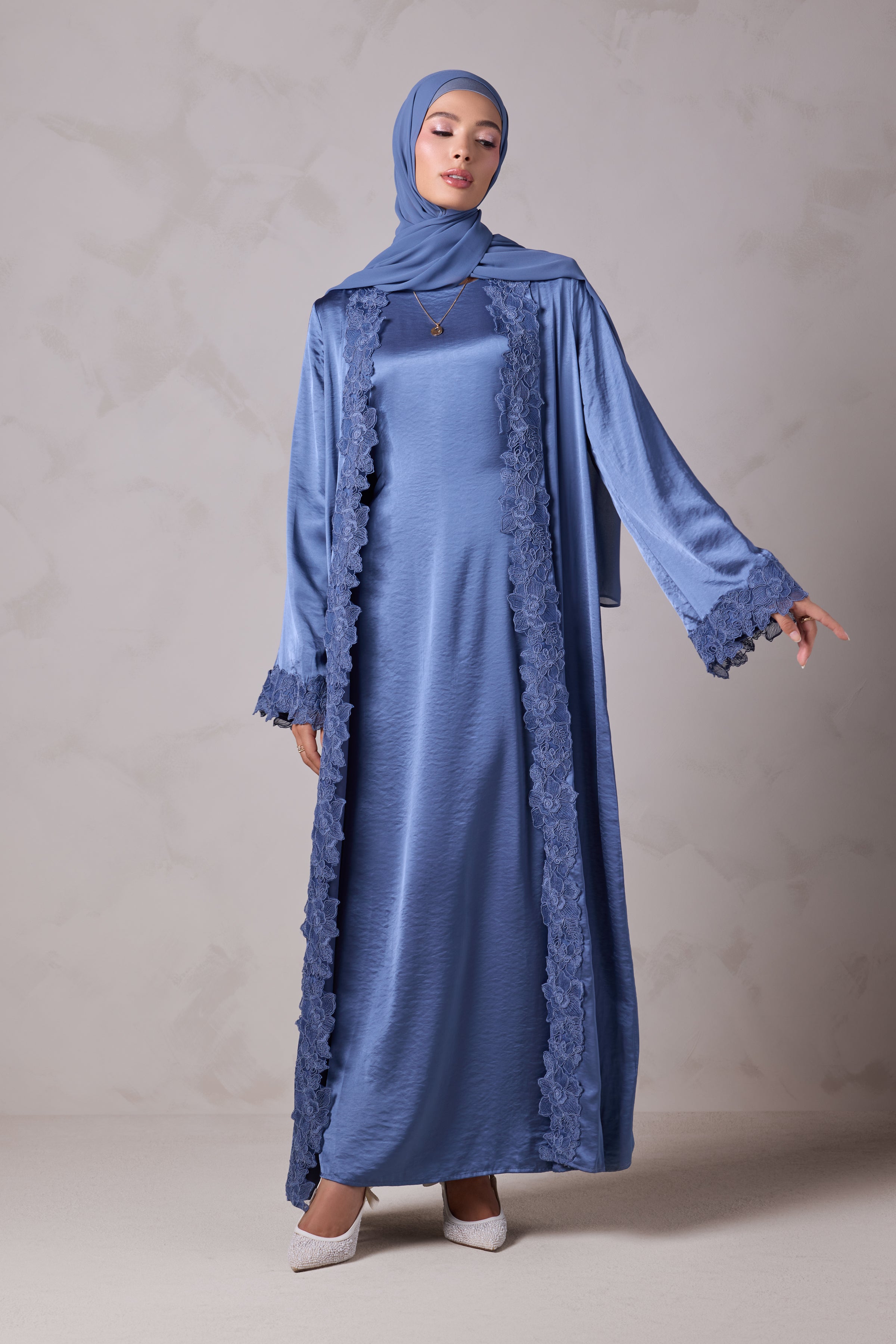 Amani Lace Trim Abaya & Hijab Set - Caspian