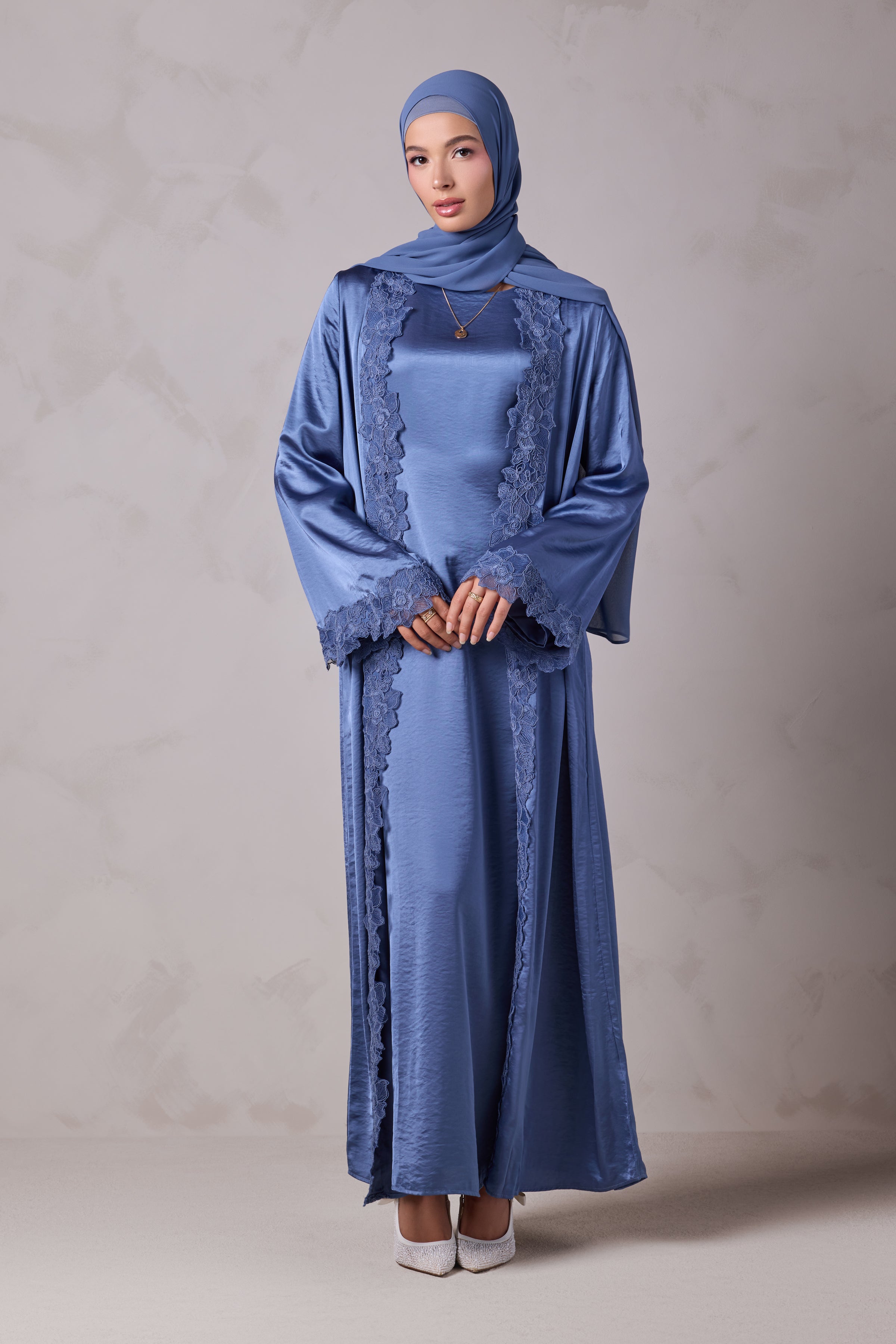 Amani Lace Trim Abaya & Hijab Set - Caspian