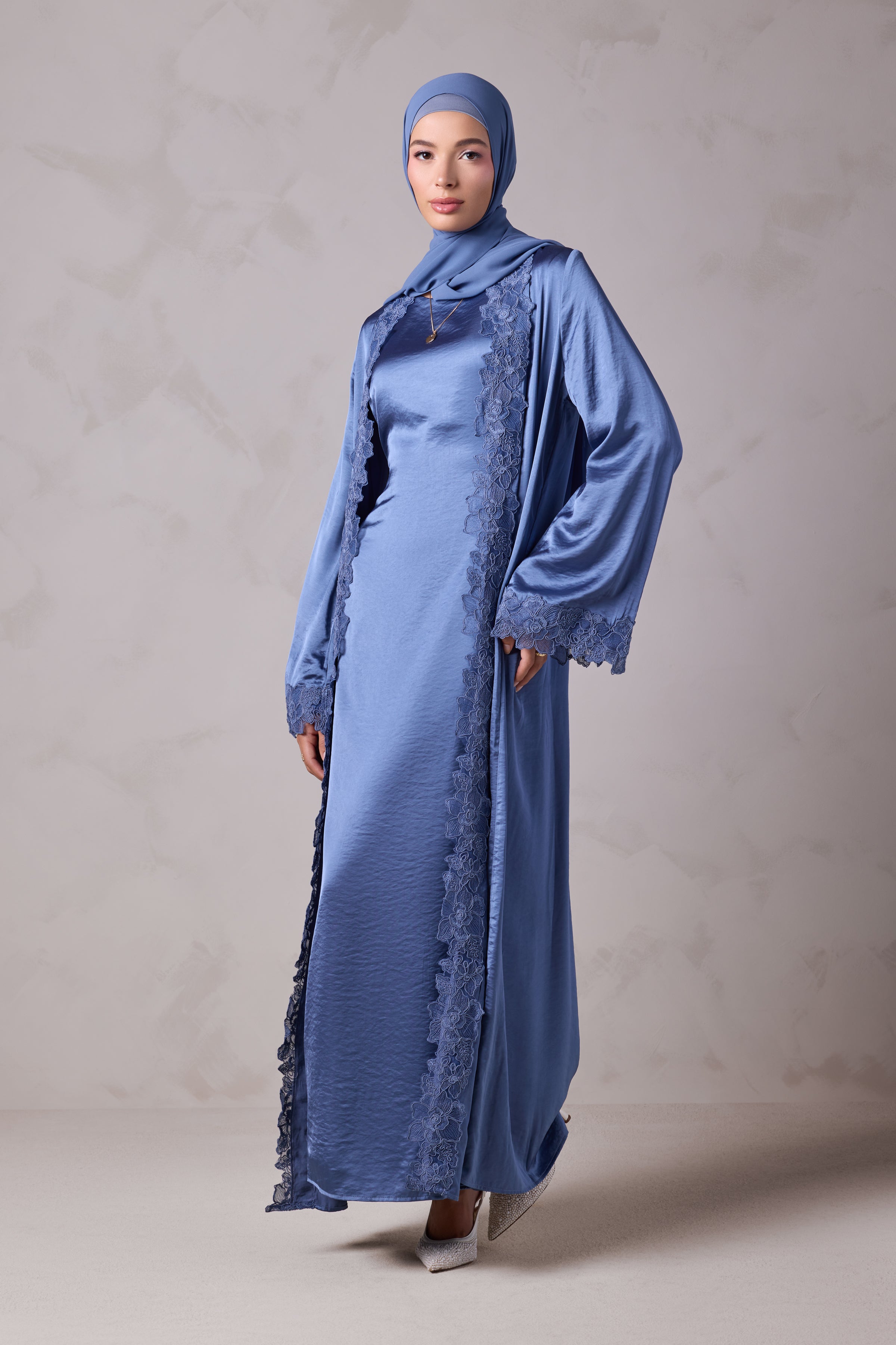 Amani Lace Trim Abaya & Hijab Set - Caspian